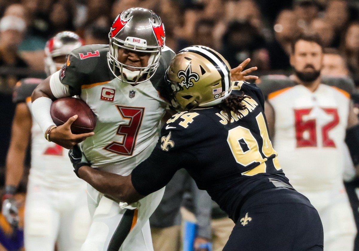 Nov 5, 2017; New Orleans, LA, USA; New Orleans Saints defensive end Cameron Jordan (94) tackles Tampa Bay Buccaneers quarterback Jameis Winston (3) during the first half of a game at the Mercedes-Benz Superdome. Mandatory Credit: Derick E. Hingle-USA TODAY