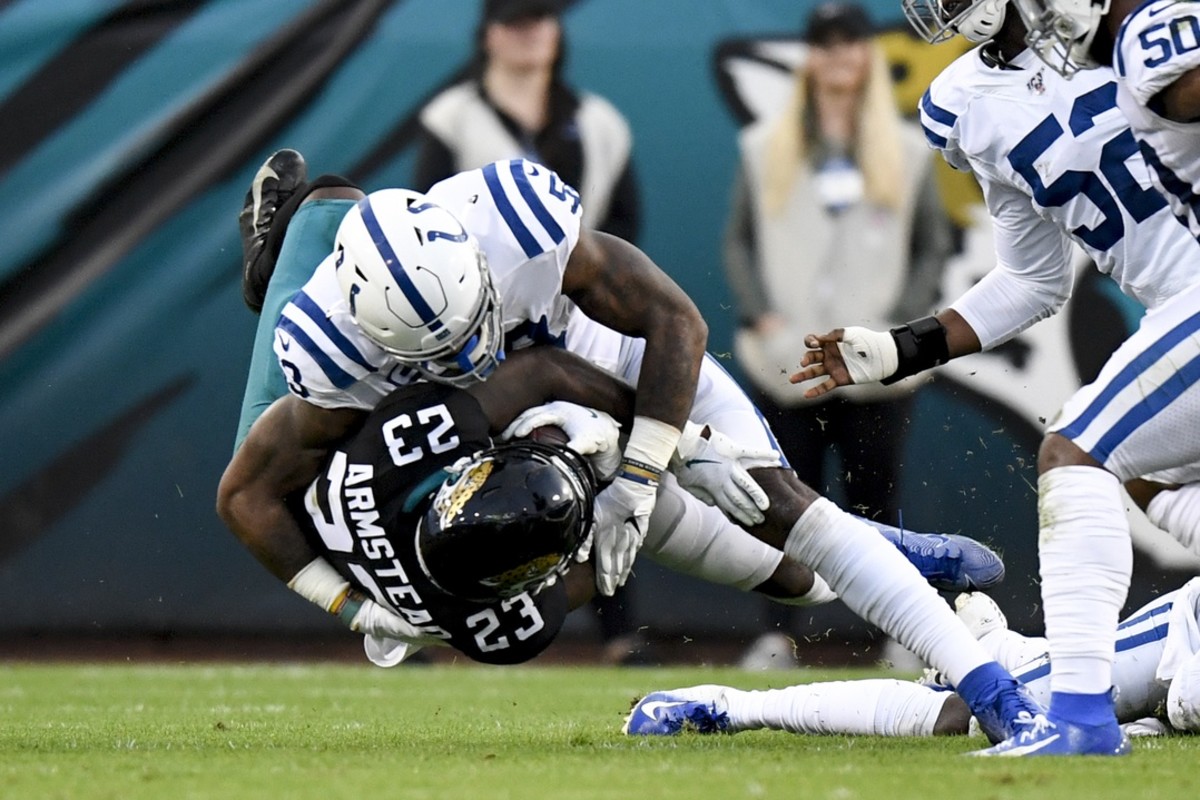 Indianapolis Colts linebacker Darius Leonard tackles Jacksonville Jaguars running back Ryquell Armstead during the 2019 season finale.