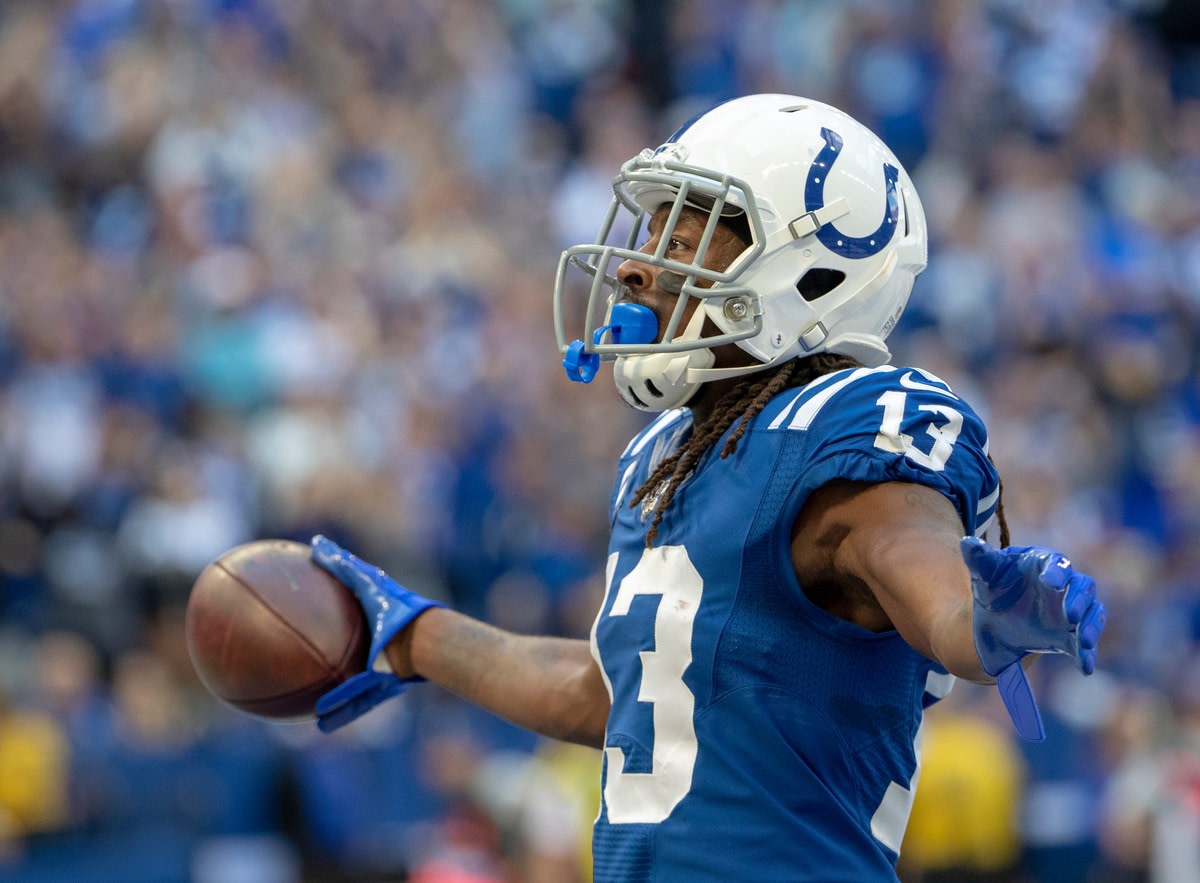 Indianapolis Colts wide receiver T.Y. Hilton celebrates a touchdown reception in an August scrimmage at Lucas Oil Stadium.