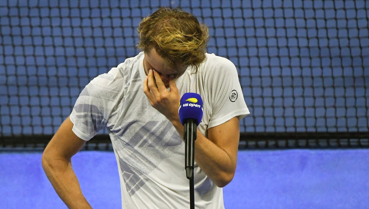 Alexander Zverev of Germany gets emotional as he address the crowd for the runner-up in the men's singles final match against Dominic Thiem of Austria on day 14 of the 2020 U.S. Open