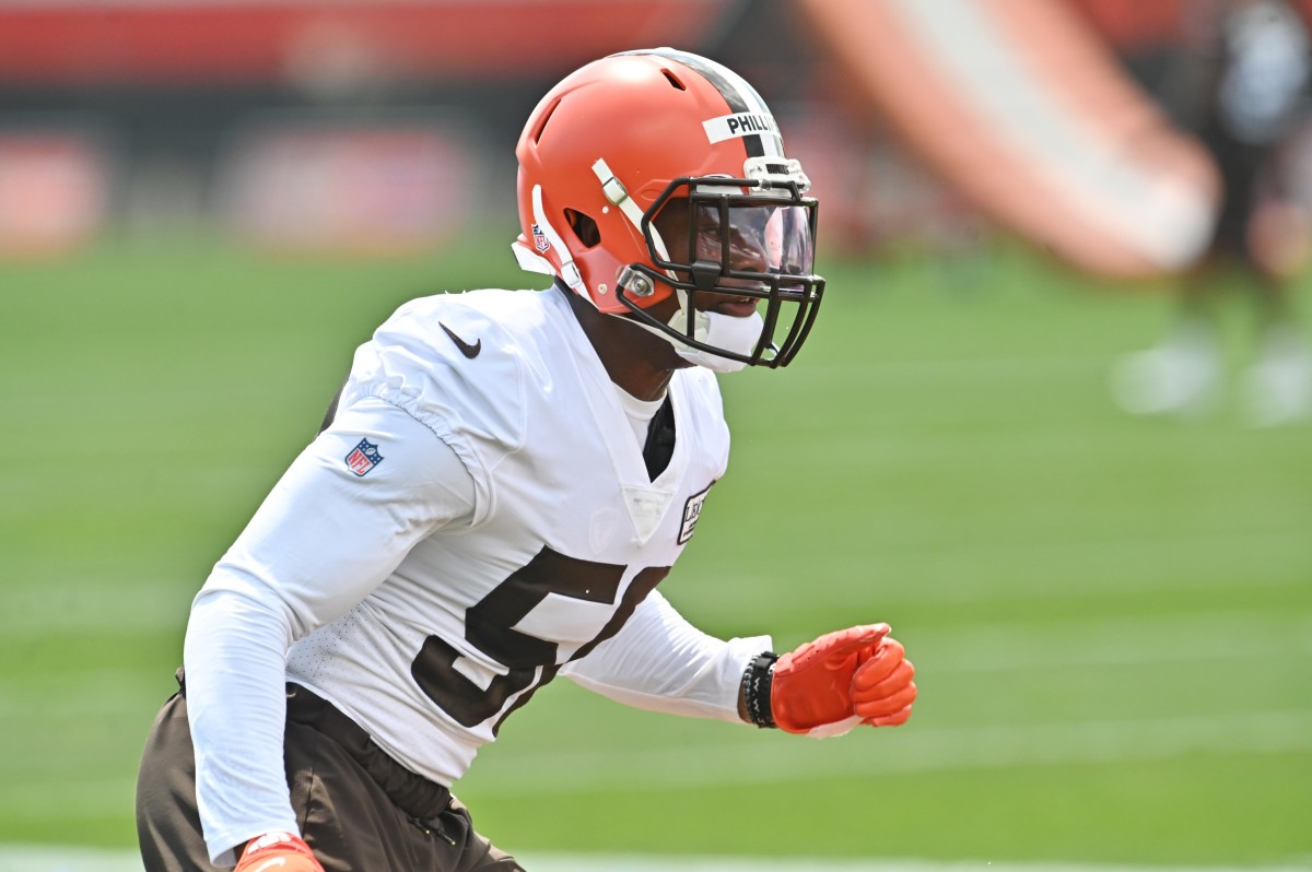 Aug 14, 2020; Berea, Ohio, USA; Cleveland Browns linebacker Jacob Phillips (50) runs a drill during training camp at the Cleveland Browns training facility. Mandatory Credit: Ken Blaze-USA TODAY Sports