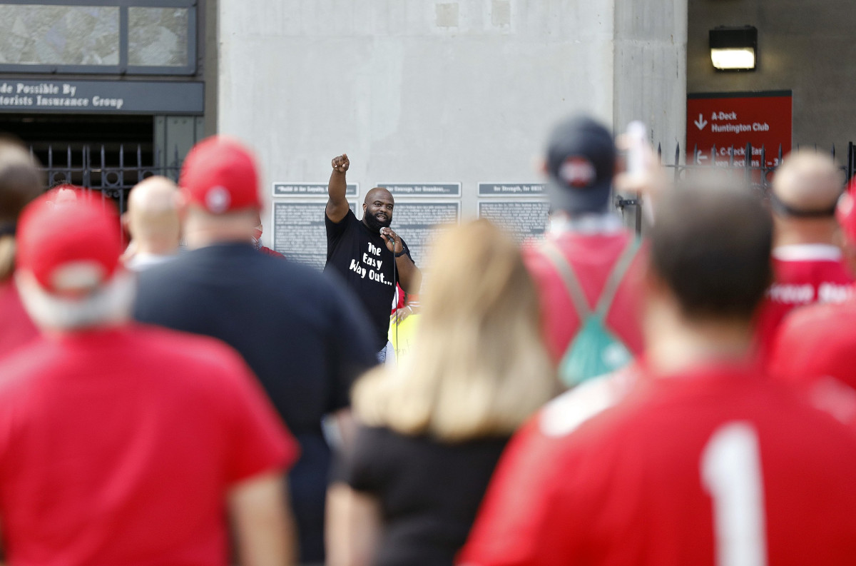 Randy Wade addresses a crowd of Buckeye fans gathered at a rally at Ohio Stadium on August 29, 2020.
