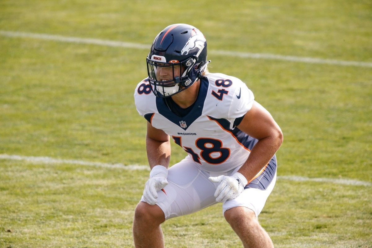 Denver Broncos linebacker Derrek Tuszka (48) during training camp at the UCHealth Training Center.