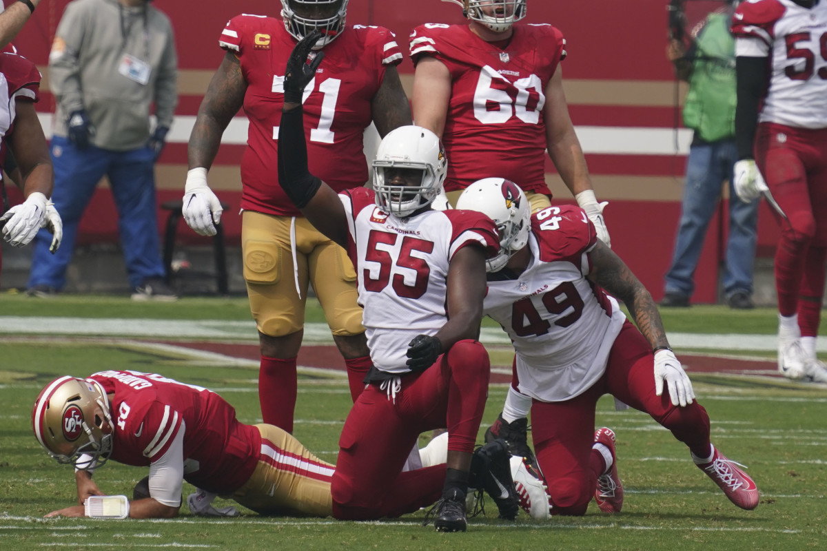 Cardinals linebacker Chandler Jones (55) celebrates after sacking 49ers quarterback Jimmy Garoppolo.