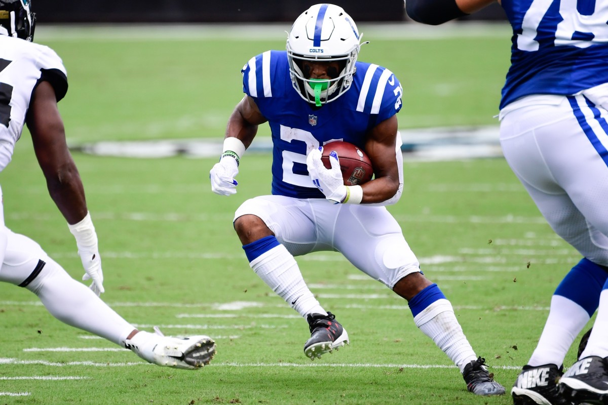 Indianapolis Colts running back Nyheim Hines cuts inside in Sunday's 27-20 loss at Jacksonville.