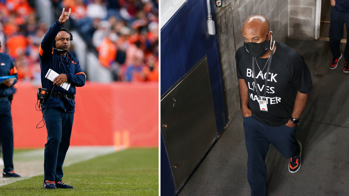 Broncos running backs coach Curtis Modkins gives signals on the field (left), enters stadium pre-game with Black Lives Matter shirt (right)