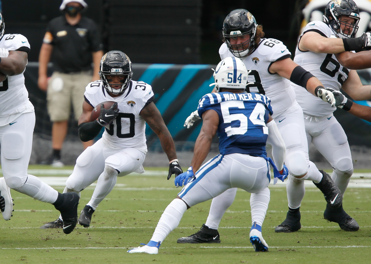 James Robinson (30) led the Jags in rushing against the Colts. Mandatory Credit: Reinhold Matay-USA TODAY Sports