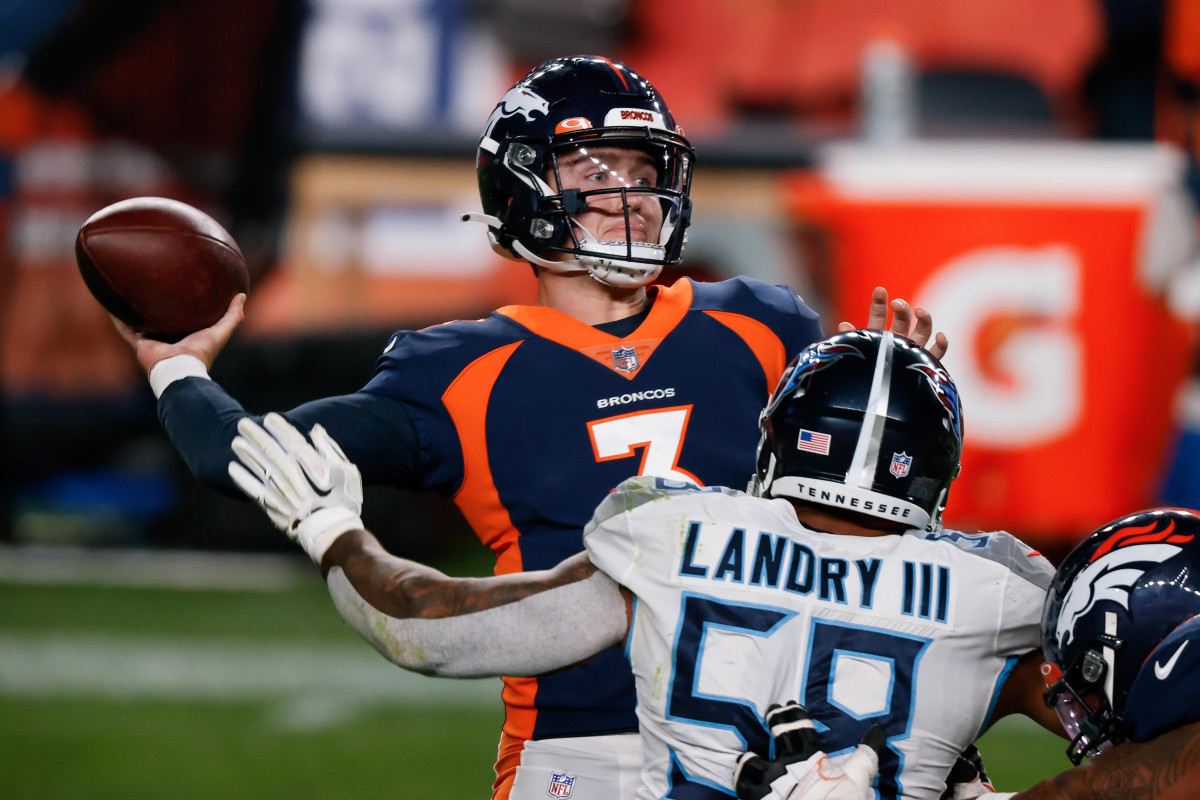 The Titans pressured Bronco's Drew Lock 5 times on Monday night. Mandatory Credit: Isaiah J. Downing-USA TODAY Sports