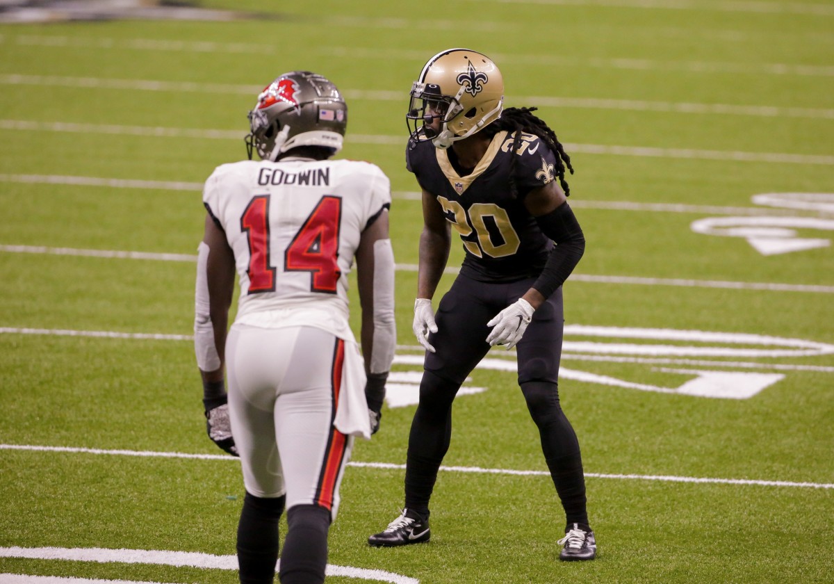 Sep 13, 2020; New Orleans, Louisiana, USA; New Orleans Saints cornerback Janoris Jenkins (20) defends Tampa Bay Buccaneers wide receiver Chris Godwin (14) during the second half at the Mercedes-Benz Superdome. Mandatory Credit: Derick E. Hingle-USA TODAY