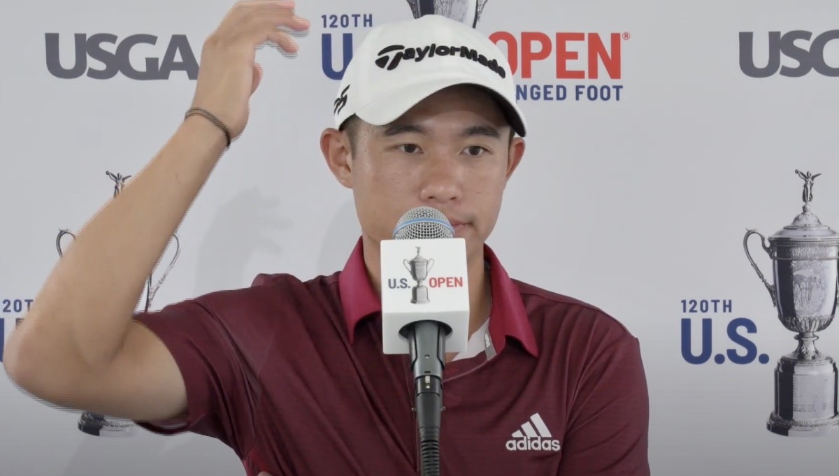 Collin Morikawa at his U.S. Open news conference after Thursday's opening round.