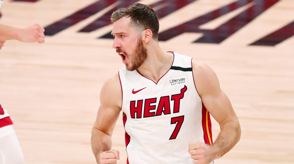 Miami Heat guard Goran Dragic (7) celebrates after making a three point basket against the Boston Celtics during the fourth quarter in game two of the Eastern Conference Finals