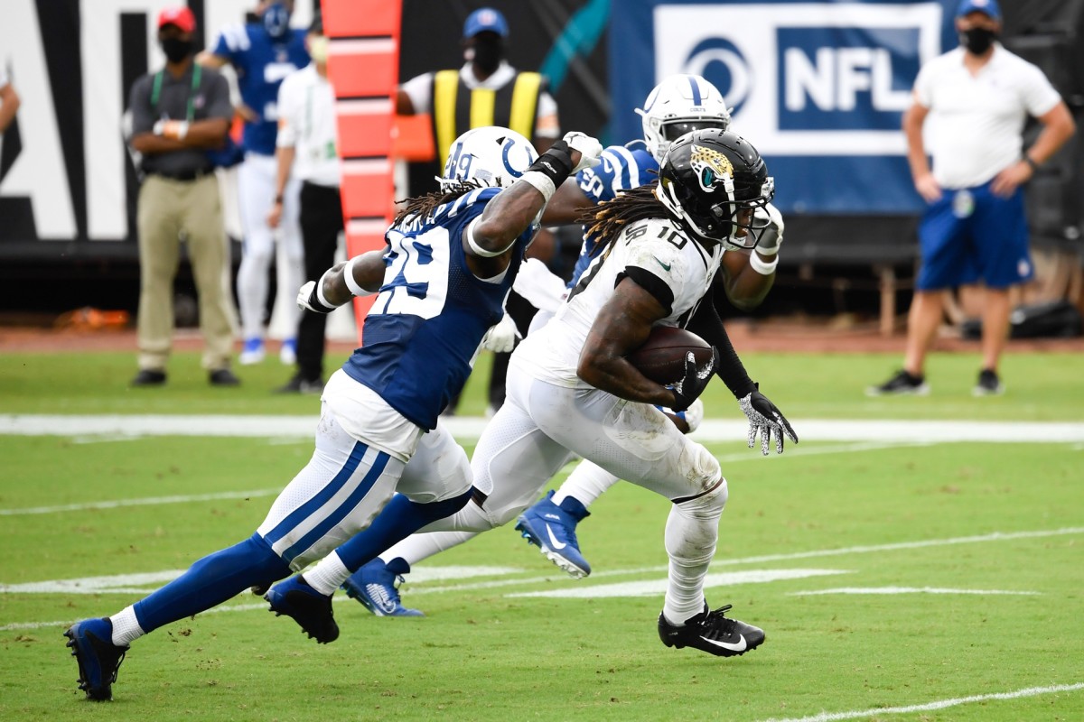 Jacksonville Jaguars rookie wide receiver Laviska Shenault Jr. (10) beats Indianapolis Colts safety Malik Hooker (29) for his first NFL TD reception in Sunday's 27-20 Jaguars home win.