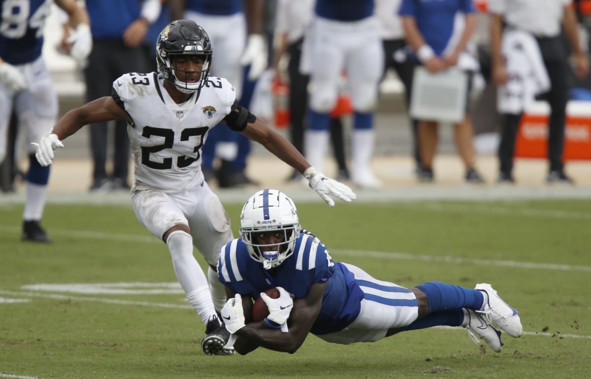 Indianapolis Colts second-year wide receiver Parris Campbell dives for a catch in Sunday's loss at Jacksonville.