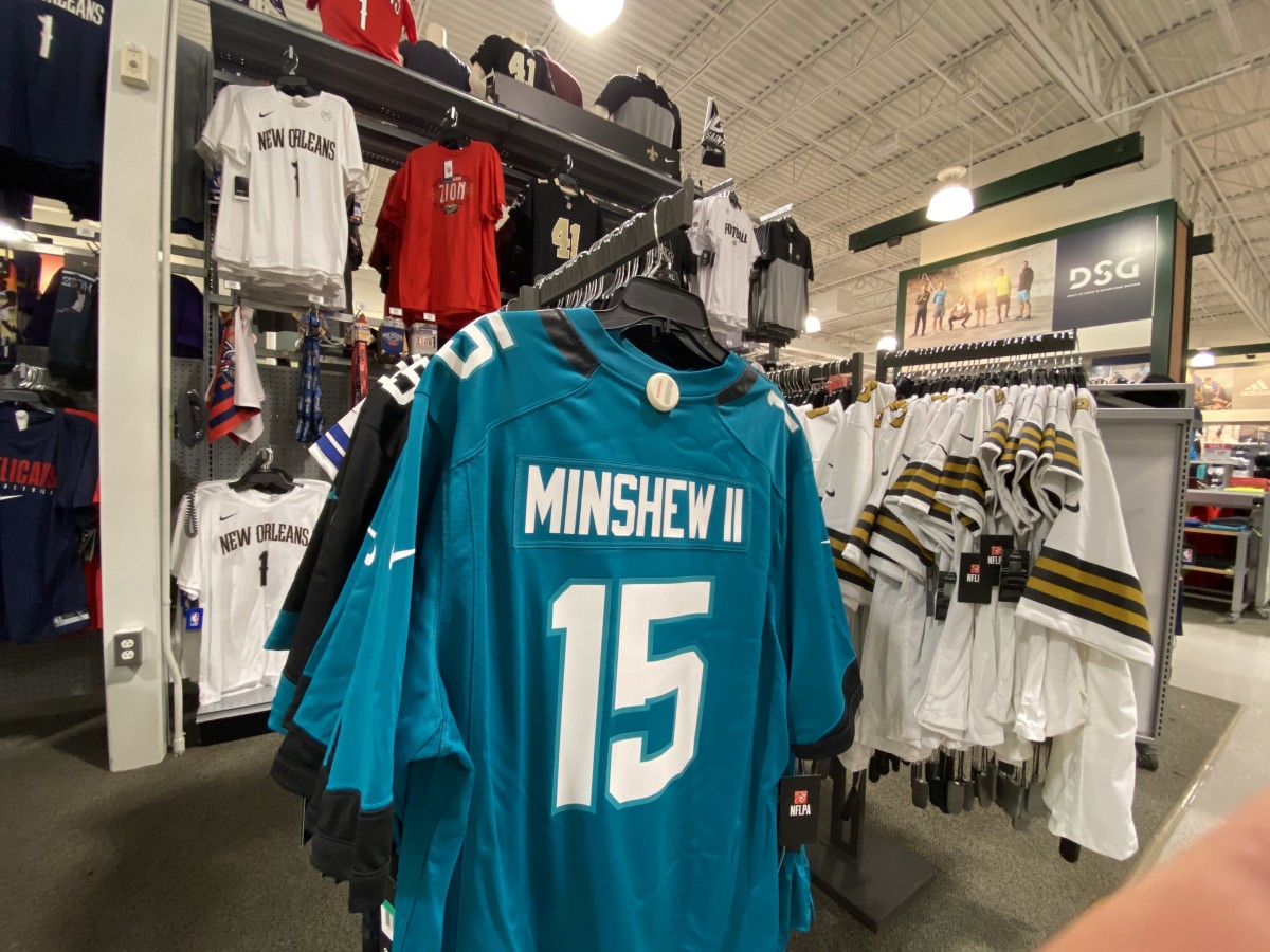 Minshew's Jaguars jersey hangs amongst Saint's and Pelican's jersey's in Flowood, MS. Photo by Jaguar Reportundefined
