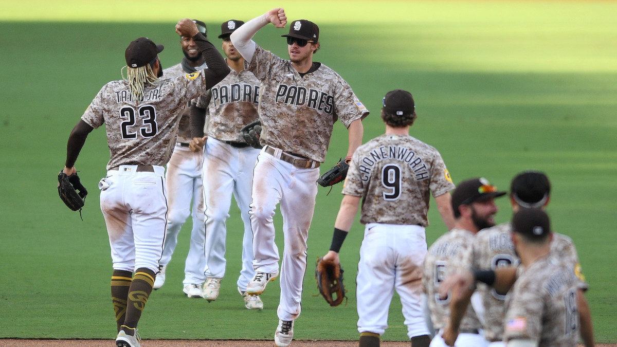 The San Diego Padres celebrate after clinching a playoff spot for the first time since 2006.