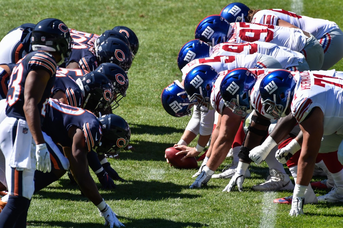 Sep 20, 2020; Chicago, Illinois, USA; The line of scrimmage during the second quarter between the Chicago Bears and the New York Giants at Soldier Field.