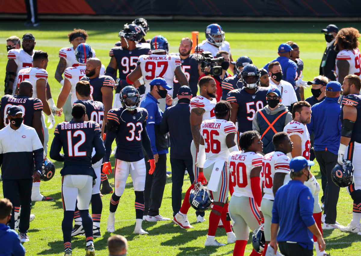 Sep 20, 2020; Chicago, Illinois, USA; The Bears and Giants shake hands after the game at Soldier Field.