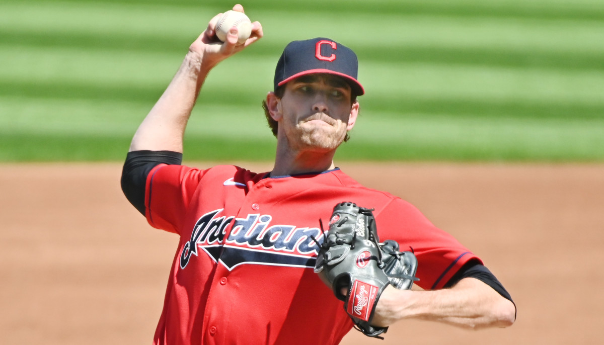 Cleveland Indians starting pitcher Shane Bieber (57) throws a pitch during the first inning against the Milwaukee Brewers at Progressive Field.