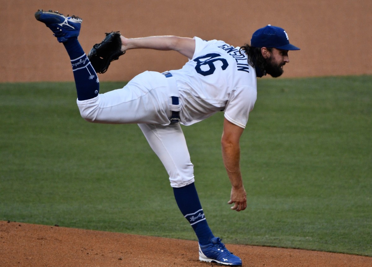 Sep 5, 2020; Los Angeles, California, USA; Los Angeles Dodgers starting pitcher Tony Gonsolin (46) follows through on a pitch in the first inning against the Colorado Rockies at Dodger Stadium. Mandatory Credit: Robert Hanashiro-USA TODAY Sports