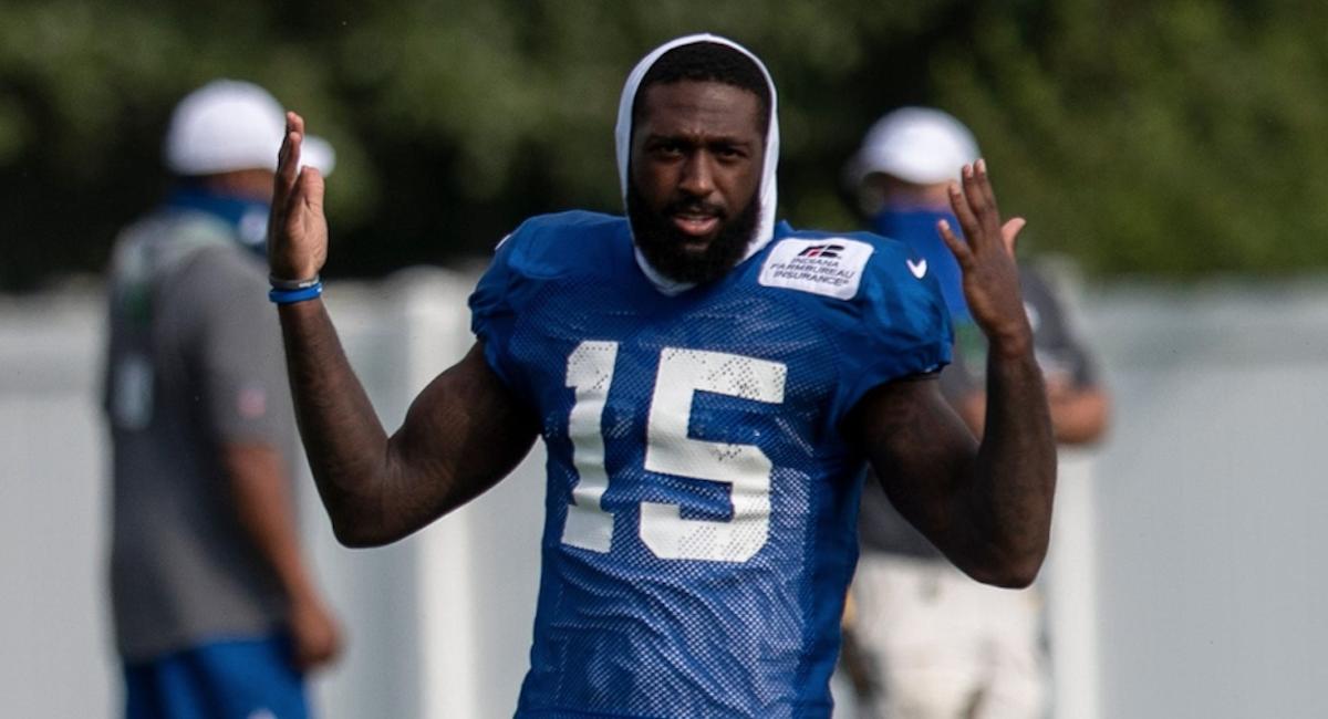 Indianapolis Colts second-year wide receiver Parris Campbell gestures during training camp.