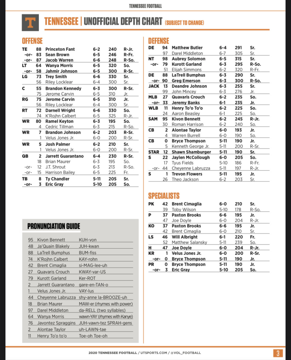 Tennessee's Unofficial Depth chart
