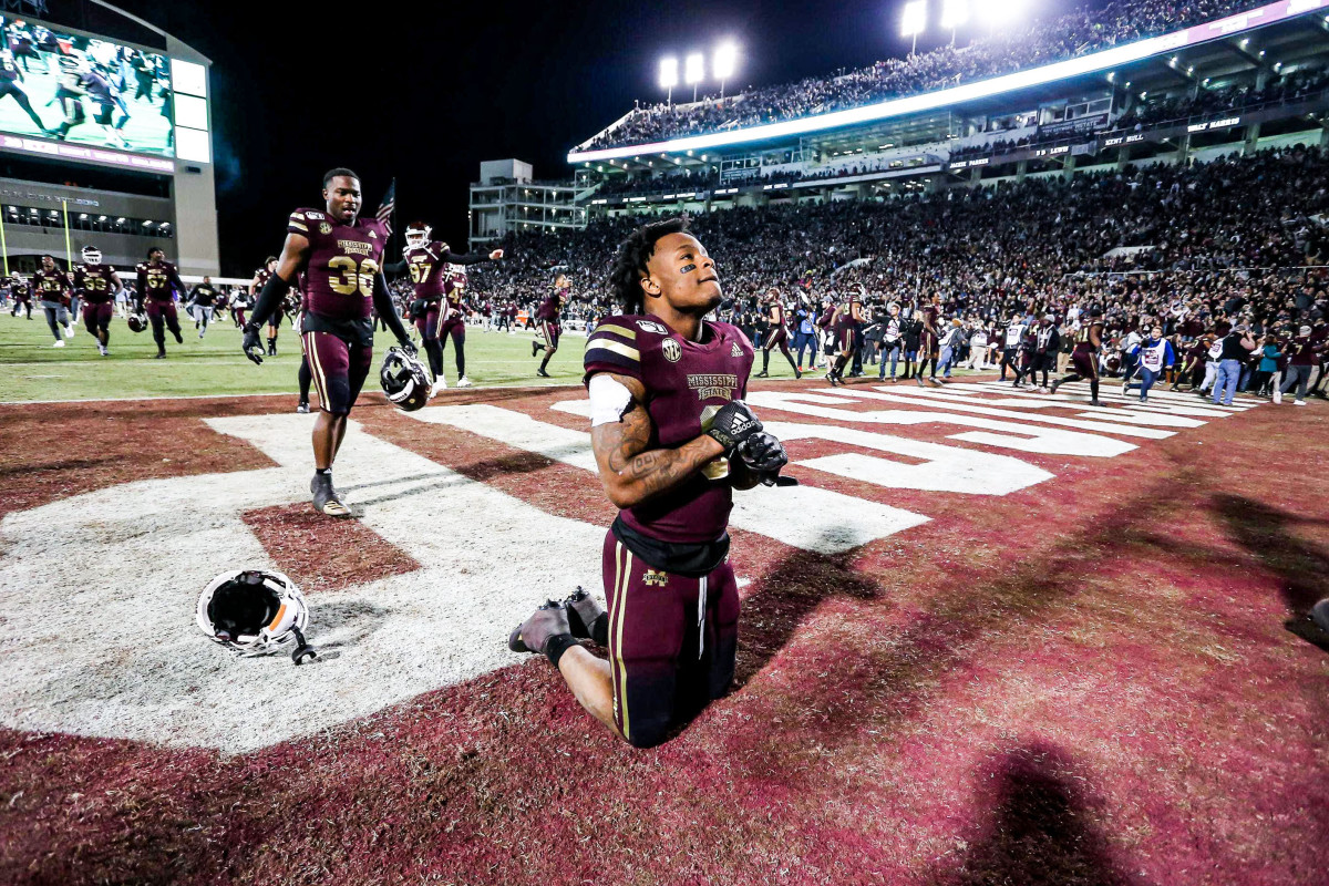 Kylin Hill in the end zone after Mississippi State won the Egg Bowl