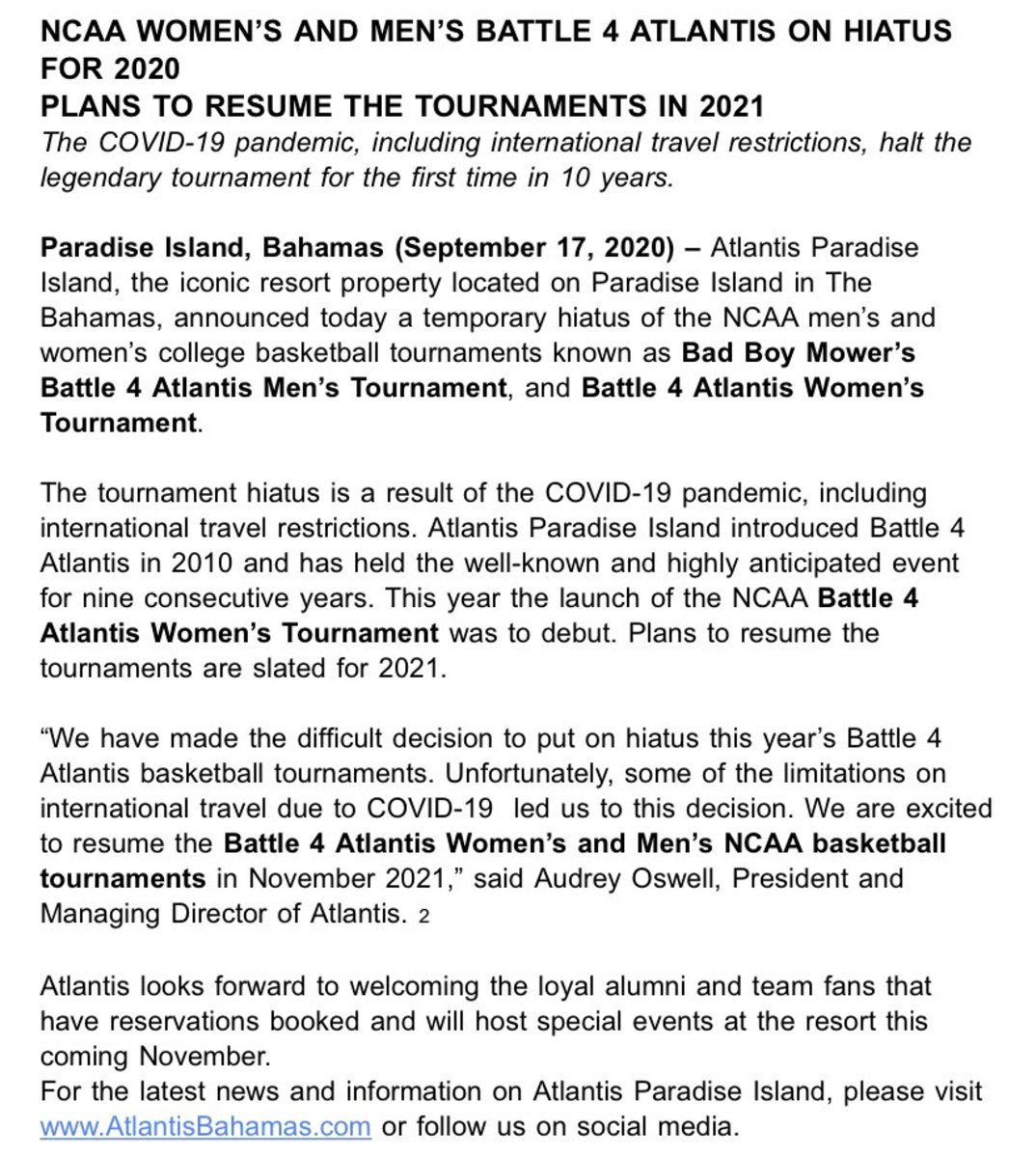 Press Release from the Battle 4 Atlantis officials