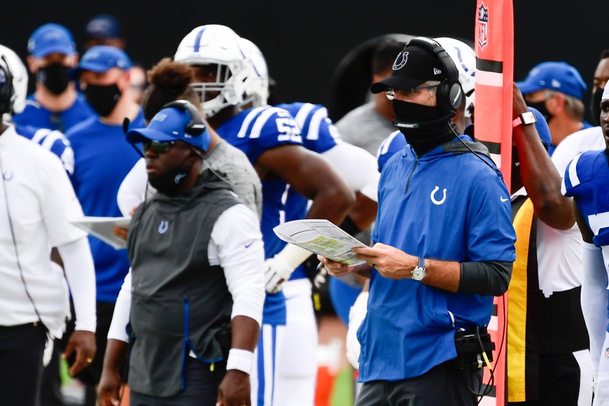 Indianapolis Colts head coach Frank Reich (right) tried a black mask for a Week 1 opener at Jacksonville.