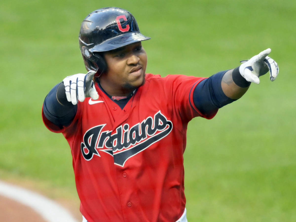 Sep 21, 2020; Cleveland, Ohio, USA; Cleveland Indians third baseman Jose Ramirez (11) celebrates his three-run home run in the first inning against the Chicago White Sox at Progressive Field.