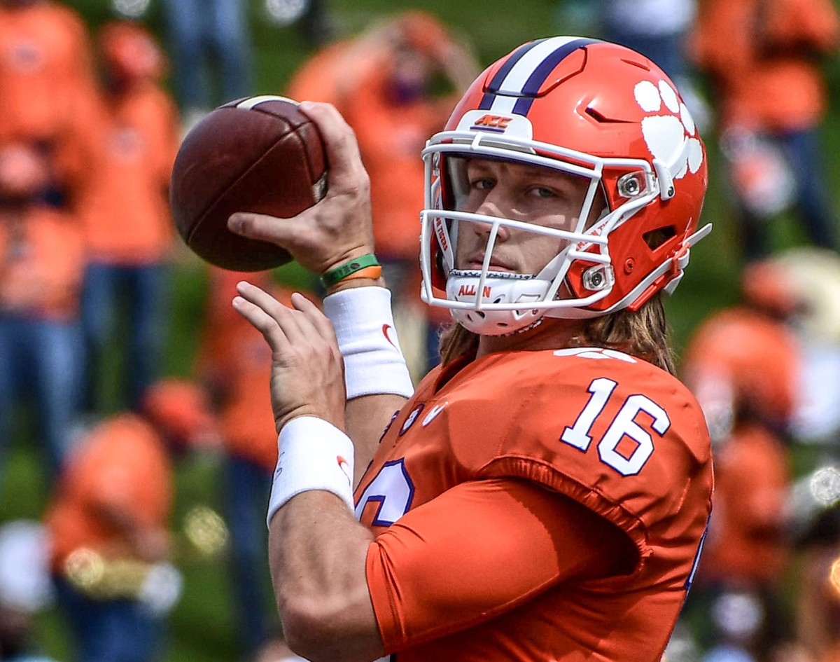 Trevor Lawrence(16) warms up before the game with The Citadel Saturday, Sept. 19, 2020 at Memorial Stadium in Clemson, S.C. Clemson The Citadel Ncaa Football