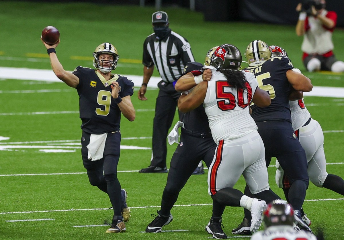 Sep 13, 2020; New Orleans, Louisiana, USA; New Orleans Saints quarterback Drew Brees (9) throws against the Tampa Bay Buccaneers during the first quarter at the Mercedes-Benz Superdome. Mandatory Credit: Derick E. Hingle-USA TODAY