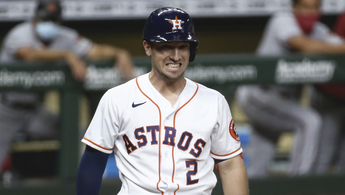 Houston Astros third baseman Alex Bregman (2) reacts after a pitch during the first inning against the Arizona Diamondbacks at Minute Maid Park.
