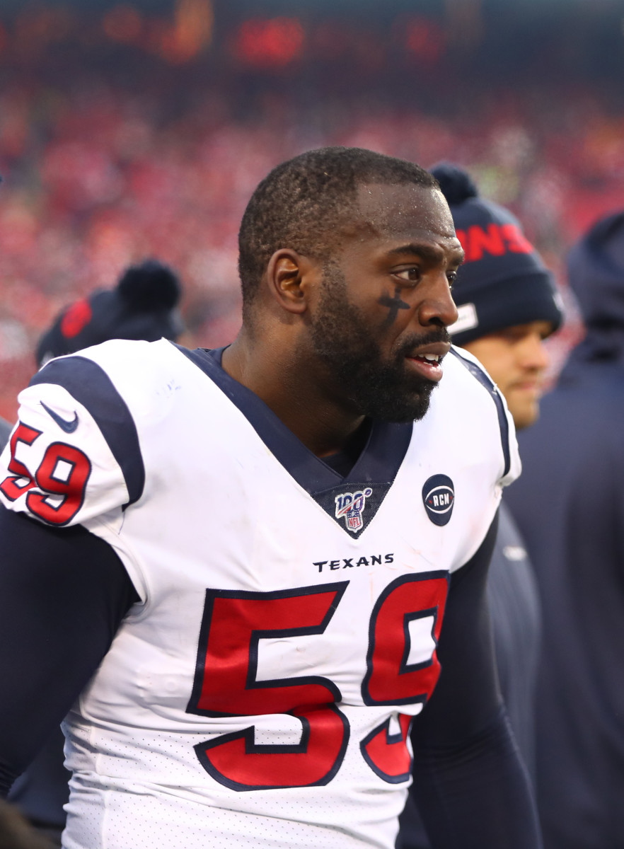 Houston Texans linebacker Whitney Mercilus (59) against the Kansas City Chiefs in a 2020 AFC Divisional Round playoff football game at Arrowhead Stadium.