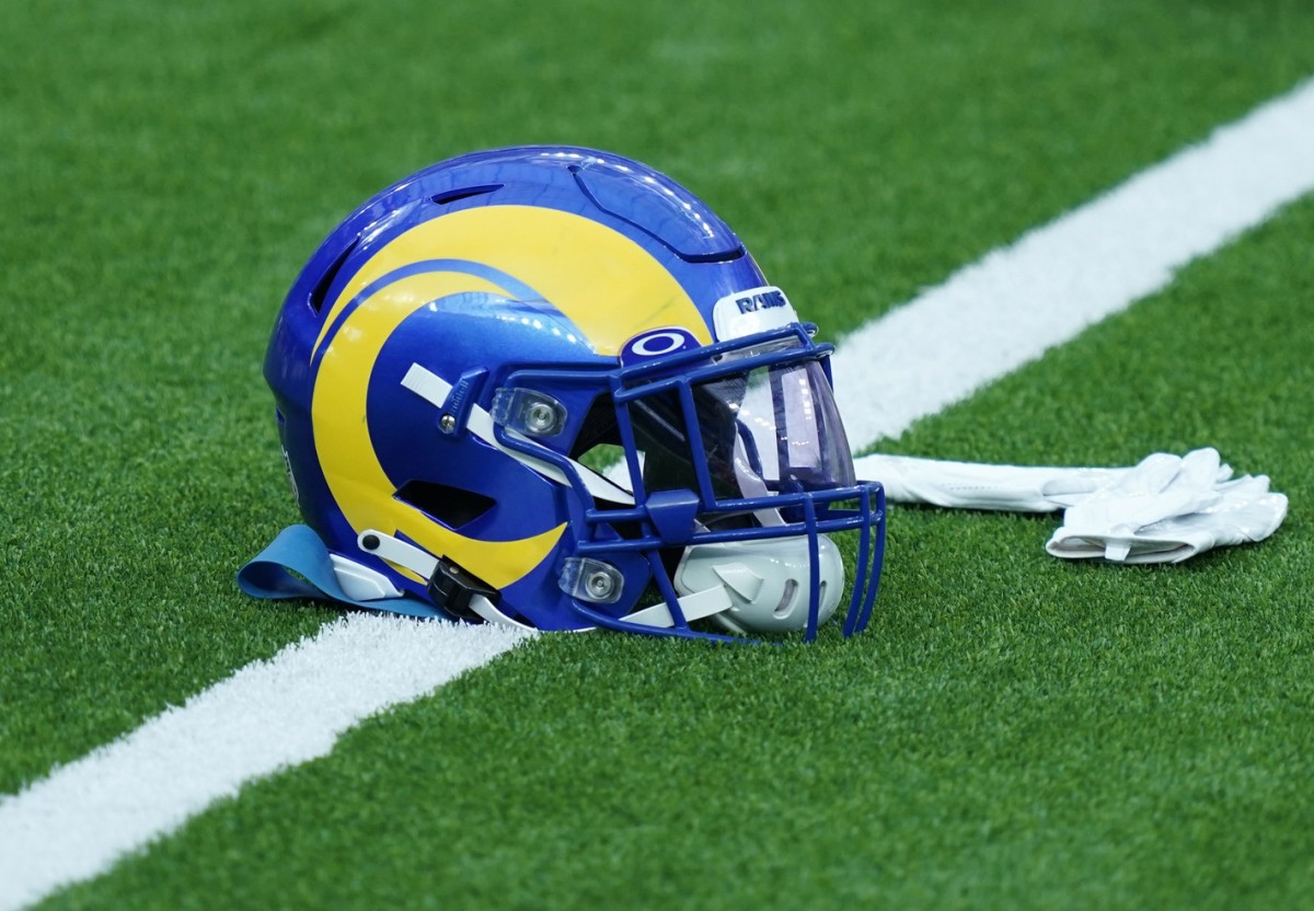 Aug 22, 2020; Inglewood California, USA; A Los Angeles Rams helmet with Oakley visor introduced for the 2020 season during a scrimmage at SoFi Stadium.