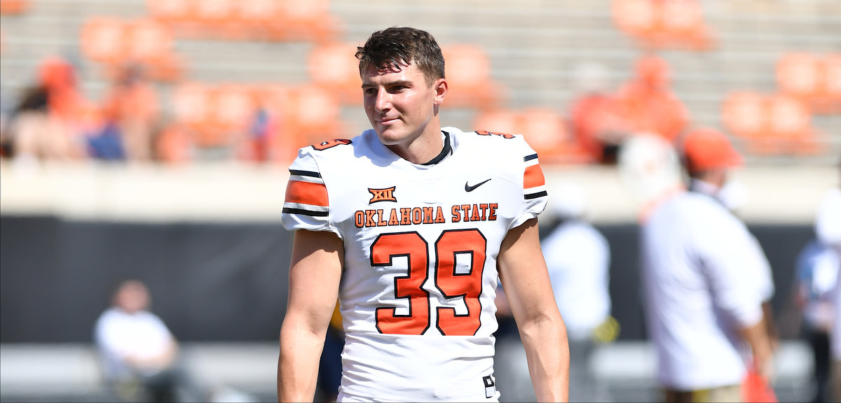 Jake McClure kicks off for Oklahoma State, holds for field goals and extra points, and backs up both Hale and Hutton with placements and punting.