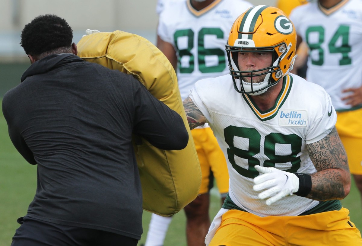 Green Bay Packers tight end Evan Baylis (88) is shown Saturday, August 15, 2020 during the team's first practice at training camp in Green Bay, Wis.