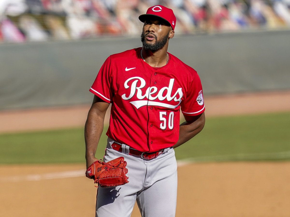 Sep 30, 2020; Cumberland, Georgia, USA; Cincinnati Reds relief pitcher Amir Garrett (50)  on the mound pitching against the Atlanta Braves during the thirteenth inning at Truist Park.