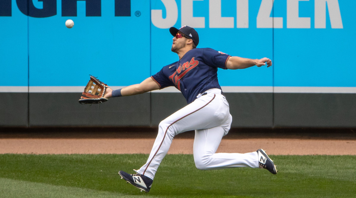 Minnesota Twins right fielder Alex Kirilloff (76) dives to catch a fly ball in the fifth inning against the Houston Astros at Target Field.