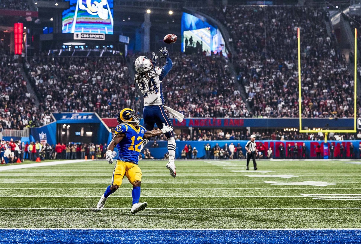 Stephon Gilmore leaps for an interception against the Rams in Super Bowl LIII