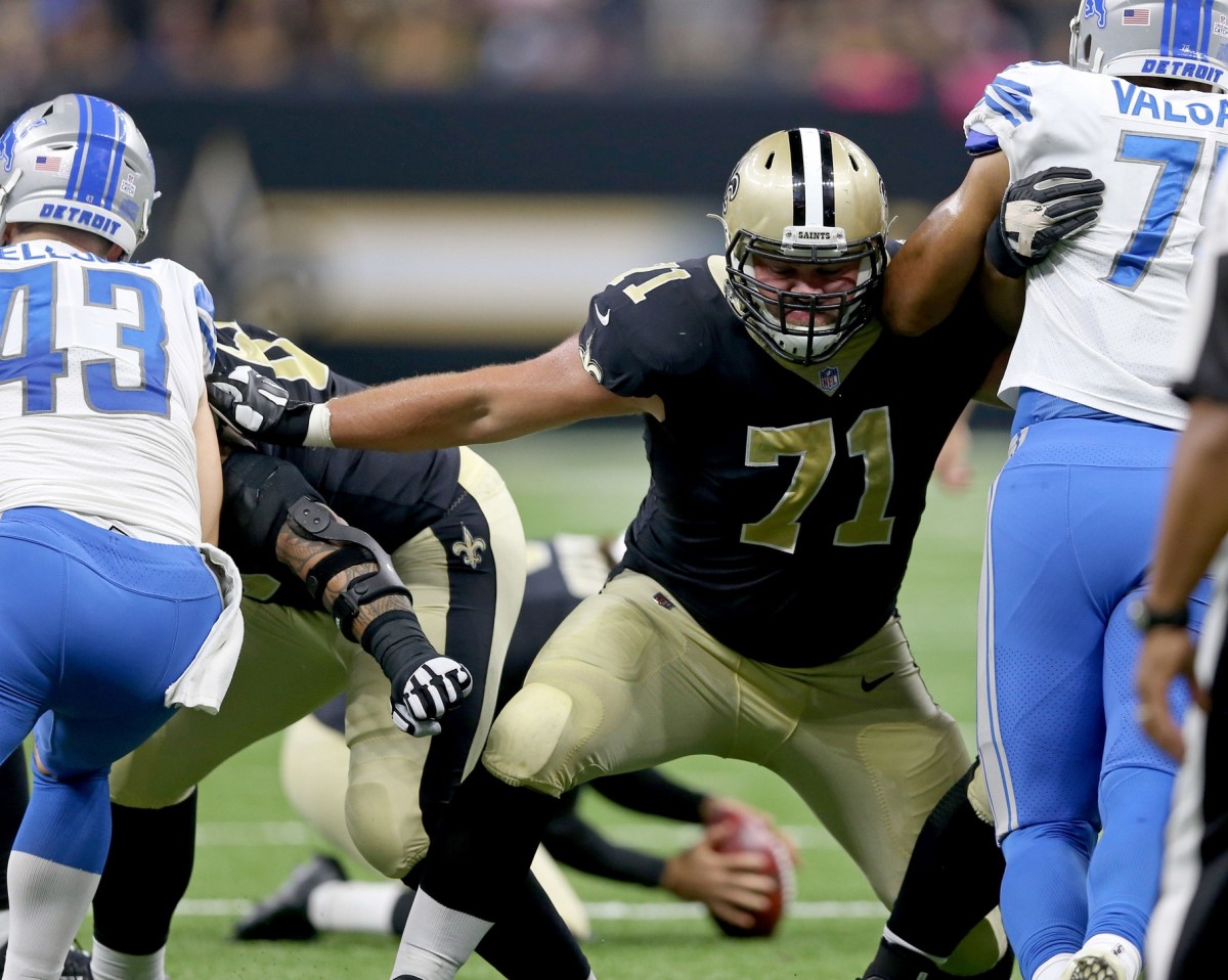 Oct 15, 2017; New Orleans, LA, USA; New Orleans Saints offensive tackle Ryan Ramczyk (71) blocks on a kick attempt in the first half against the Detroit Lions at the Mercedes-Benz Superdome. Mandatory Credit: Chuck Cook-USA TODAY Sports