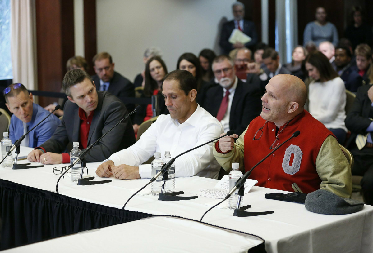 In 2018, victims of Strauss, including, from right, Michael DiSabato, Mike Schyck, Brian Garrett and Stephen Snyder-Hill, spoke at an Ohio State University Board of Trustees meeting.