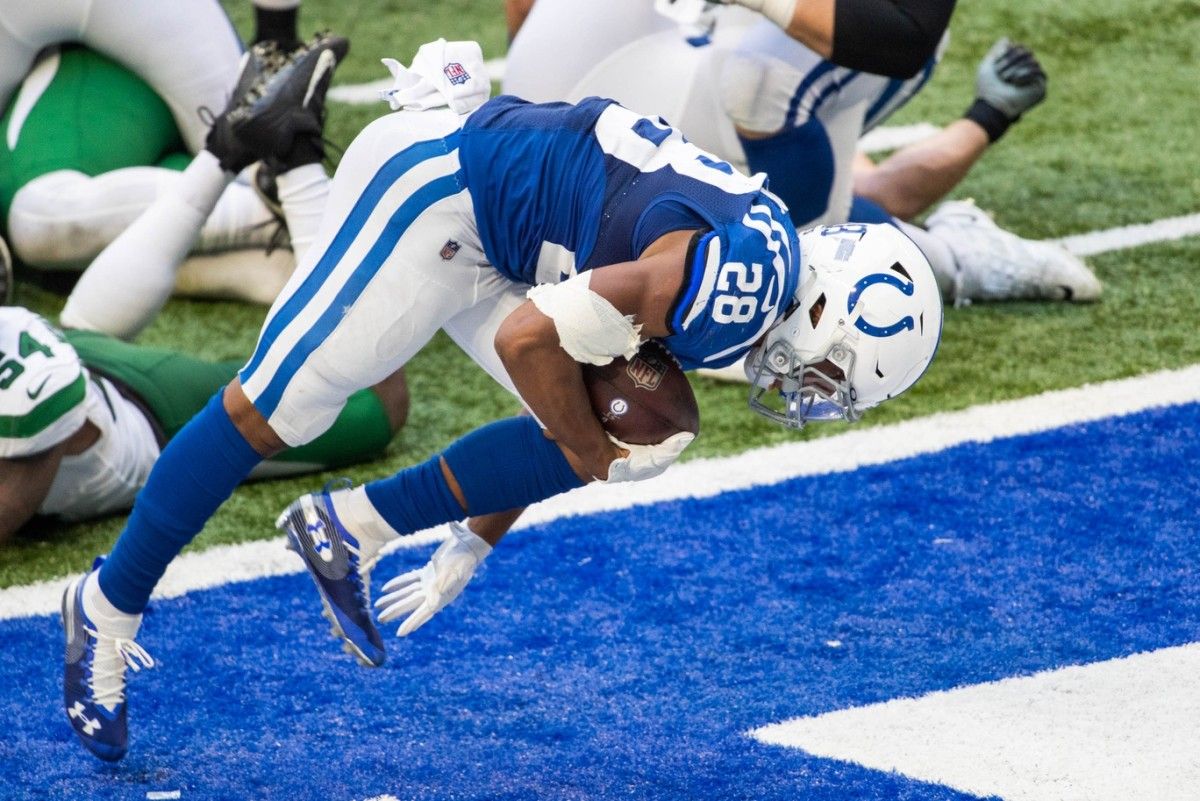 Indianapolis Colts rookie running back Jonathan Taylor scores on a fourth-and-1 rush in Sunday's 36-7 home win over the New York Jets.