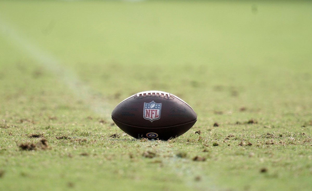 Aug 18, 2020; Thousand Oaks California, USA; A general view of a NFL official Wilson Duke football with metallic shield lgoo introduced for the 2020 season at Los Angeles Rams training camp at Cal Lutheran University.