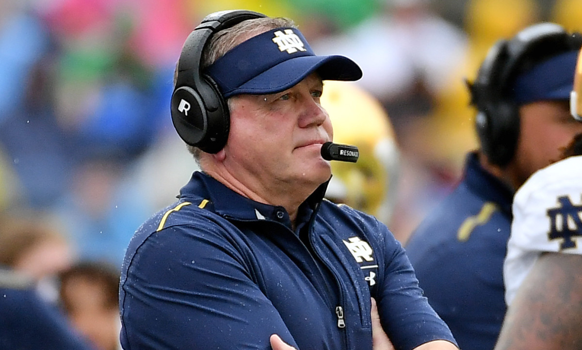 Notre Dame Fighting Irish head coach Brian Kelly looks on during the first half against the Iowa State Cyclones at Camping World Stadium.