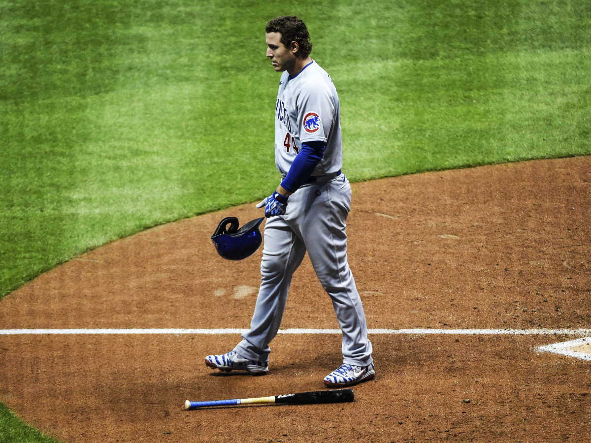 Sep 11, 2020; Milwaukee, Wisconsin, USA;  Chicago Cubs first baseman Anthony Rizzo (44) reacts after striking out in the eighth inning against the Milwaukee Brewers at Miller Park.