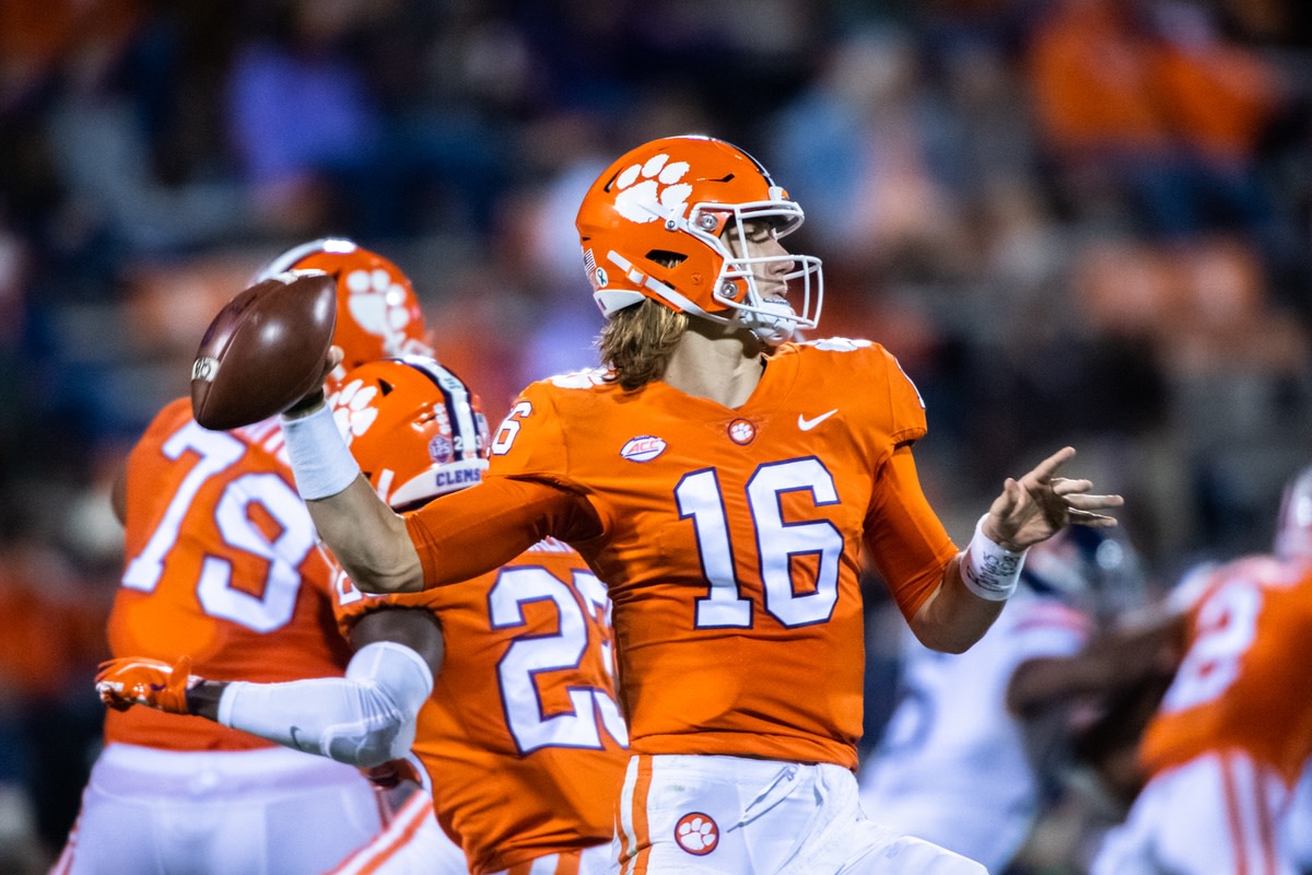 Clemson quarterback Trevor Lawrence attempts a pass against Virginia Saturday in Clemson. Lawrence threw for three touchdowns in the Tigers 41-23 victory over Virginia. (© Ken Ruinard-USA TODAY Sports)