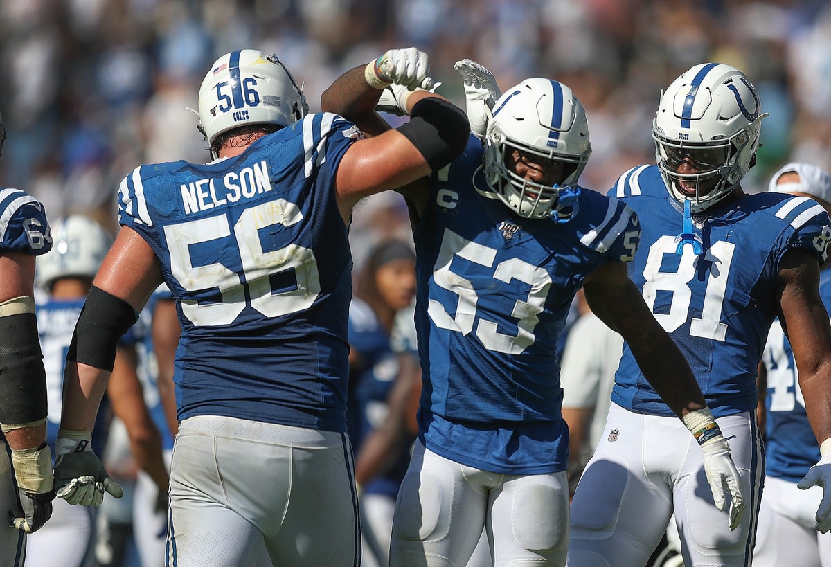 Two of the Indianapolis Colts leaders, and arguably their best players, come together as All-Pro offensive guard Quenton Nelson (56) and All-Pro linebacker Darius Leonard acknowledge each other during the 2019 season opener in Los Angeles.