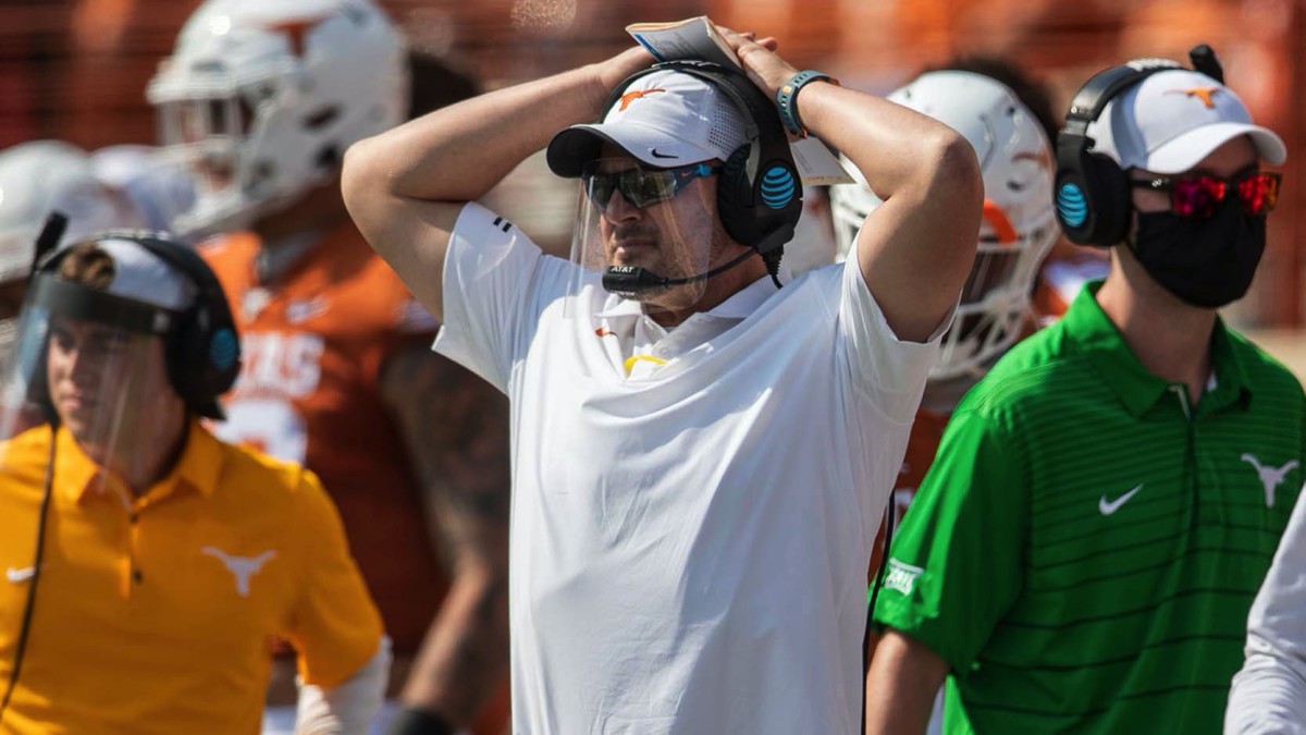 exas Longhorns head coach Tom Herman looks on during the first half against TCU Horned Frogs in a NCAA college football game at Darrell K Royal-Texas Memorial Stadium.