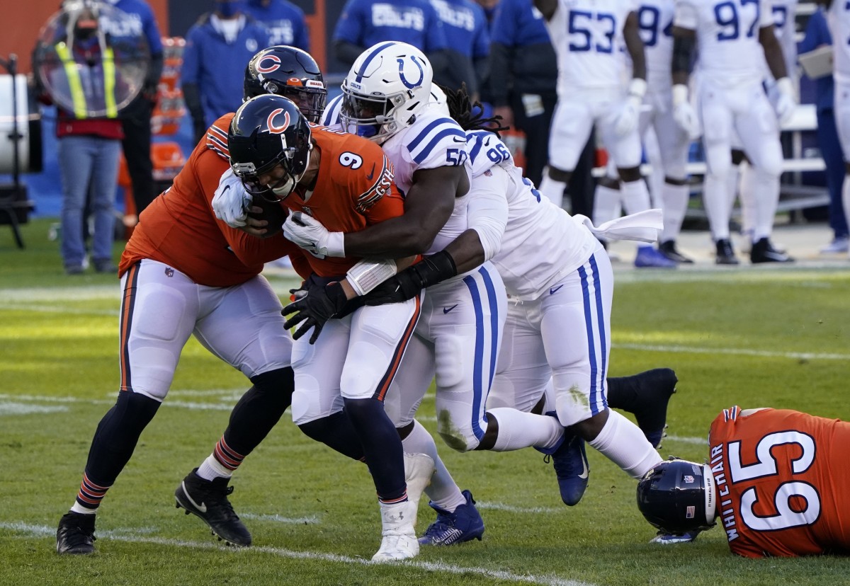 Indianapolis Colts defensive end Justin Houston (50) sacks Chicago Bears quarterback Nick Foles (9) in Sunday's 19-11 road win at Soldier Field.