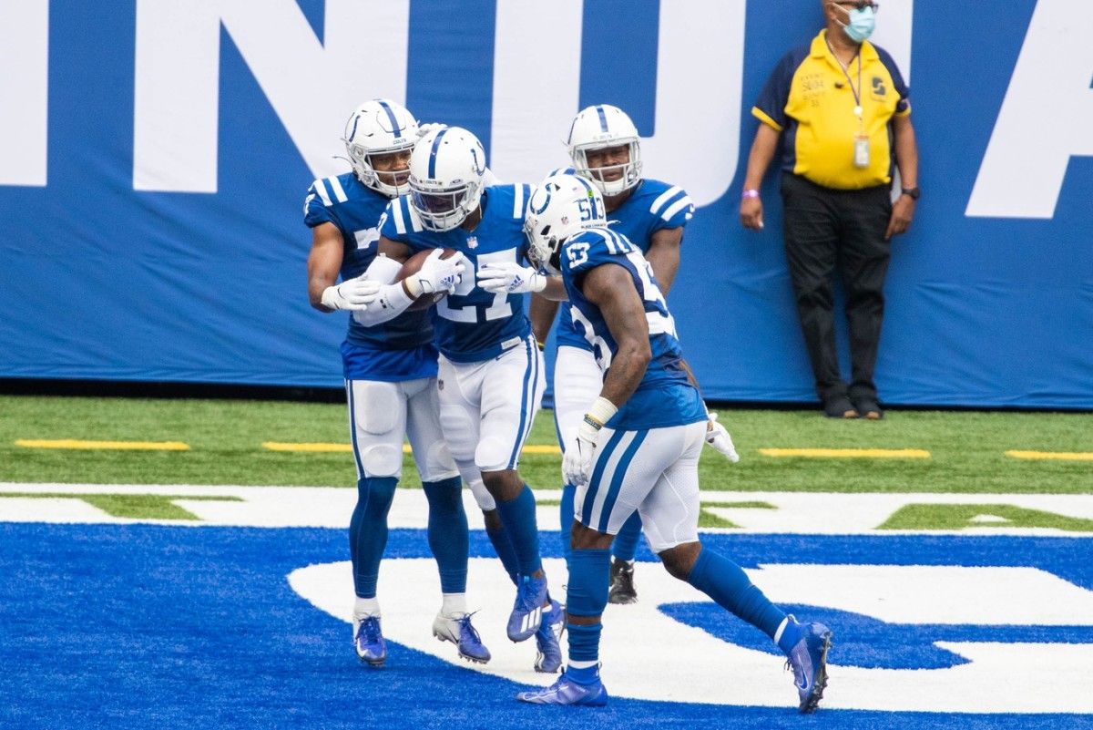 Indianapolis Colts cornerback Xavier Rhodes is congratulated after a second interception in a Week 3 home win over the N.Y. Jets.